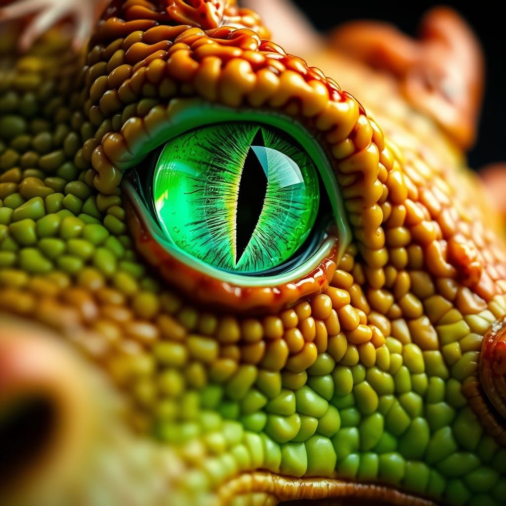 A close up view of a dragons  striking triadic green eye  by @  debster