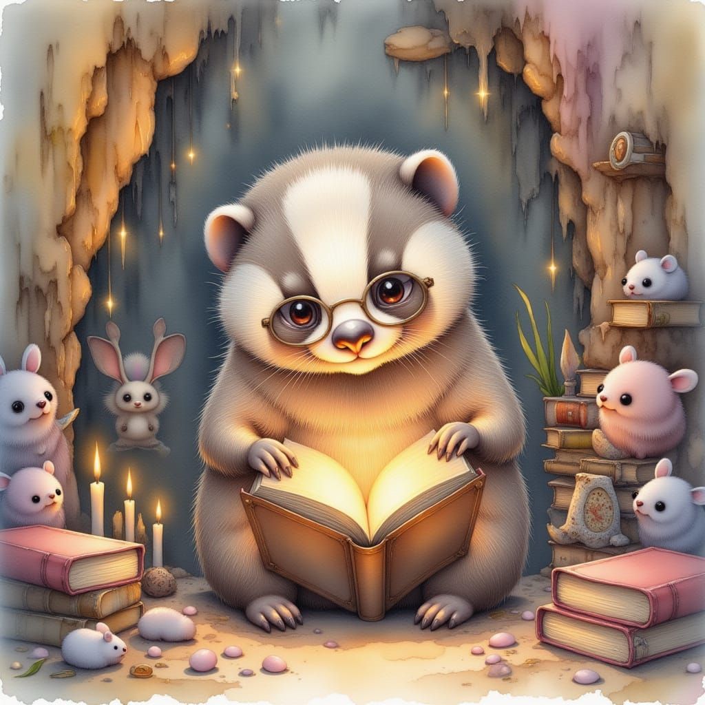 <lora:whimsical minions:1.0> Highly Creative. Watercolor painting. A grumpy badger wearing spectacles, reading a very old, dusty spellbook i...