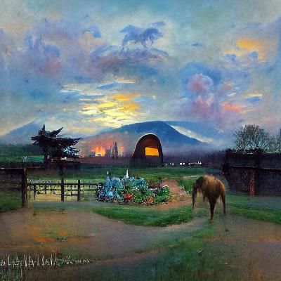 Breath of the Wild horse stable at dusk in field with volcan...