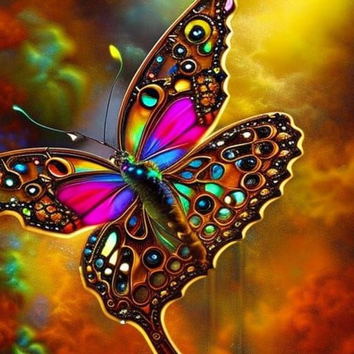 "Steampunk beautiful butterfly; metallic vibrant colors; 8K ...