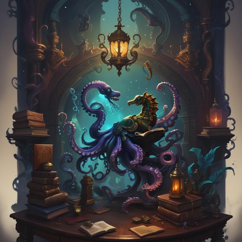 Epic Book octopus seahorse hummingbird Dark Academia