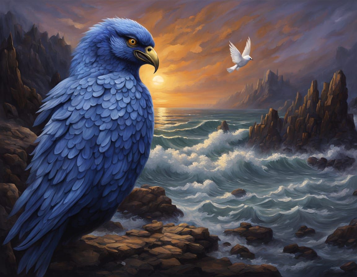 Blue Demon Holding Dove as Oil Painting