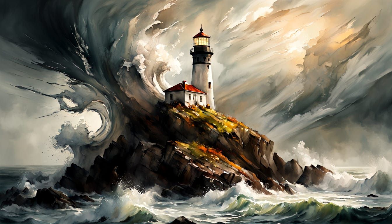 Antique Ink  Watercolor, Morbid atmosphere, guiding light Illustrate the power of nature as a mighty ...  by @5Foot3 Marie