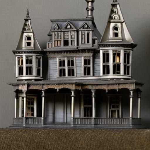 professional, concise model of a haunted house, sitting on a...