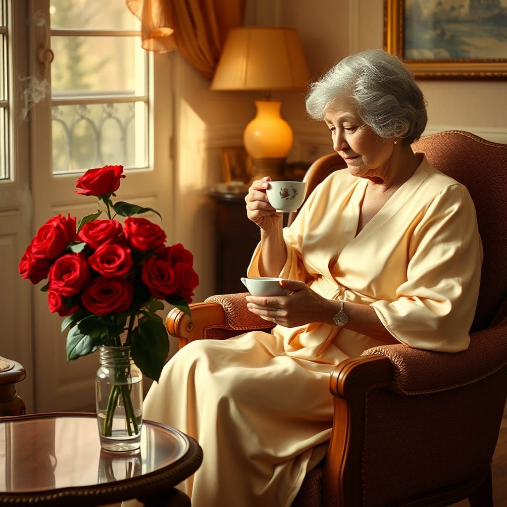 Dans son salon, une très belle mamy assise dans un fauteuil reposant boit sa tisane, à côté d'elle il y a un vase avec de belles roses rouge...