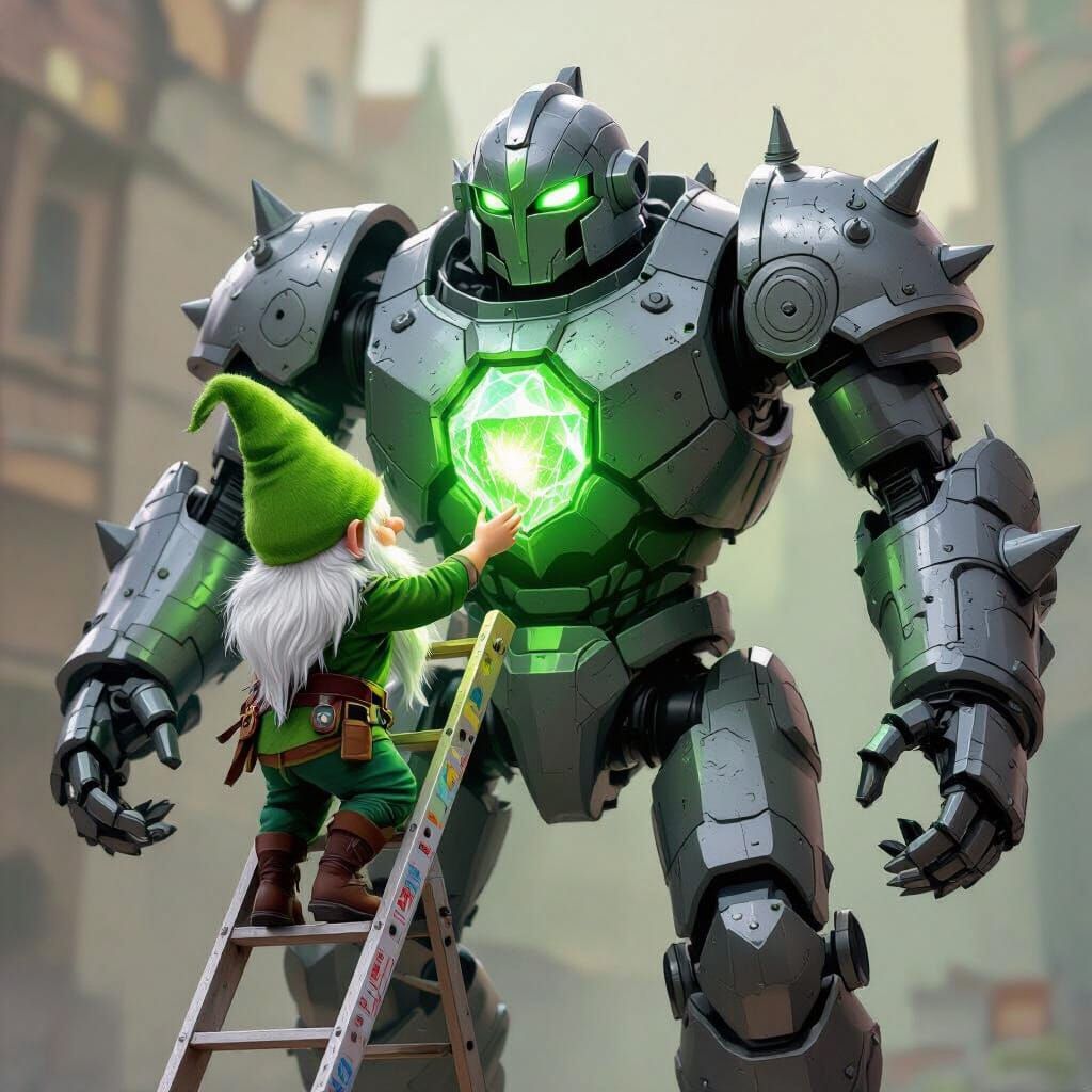 A green haired 3 foot tall gnome on a ladder installing a magically glowing green crystal as the heart of a huge 12 foot tall metallic war g...