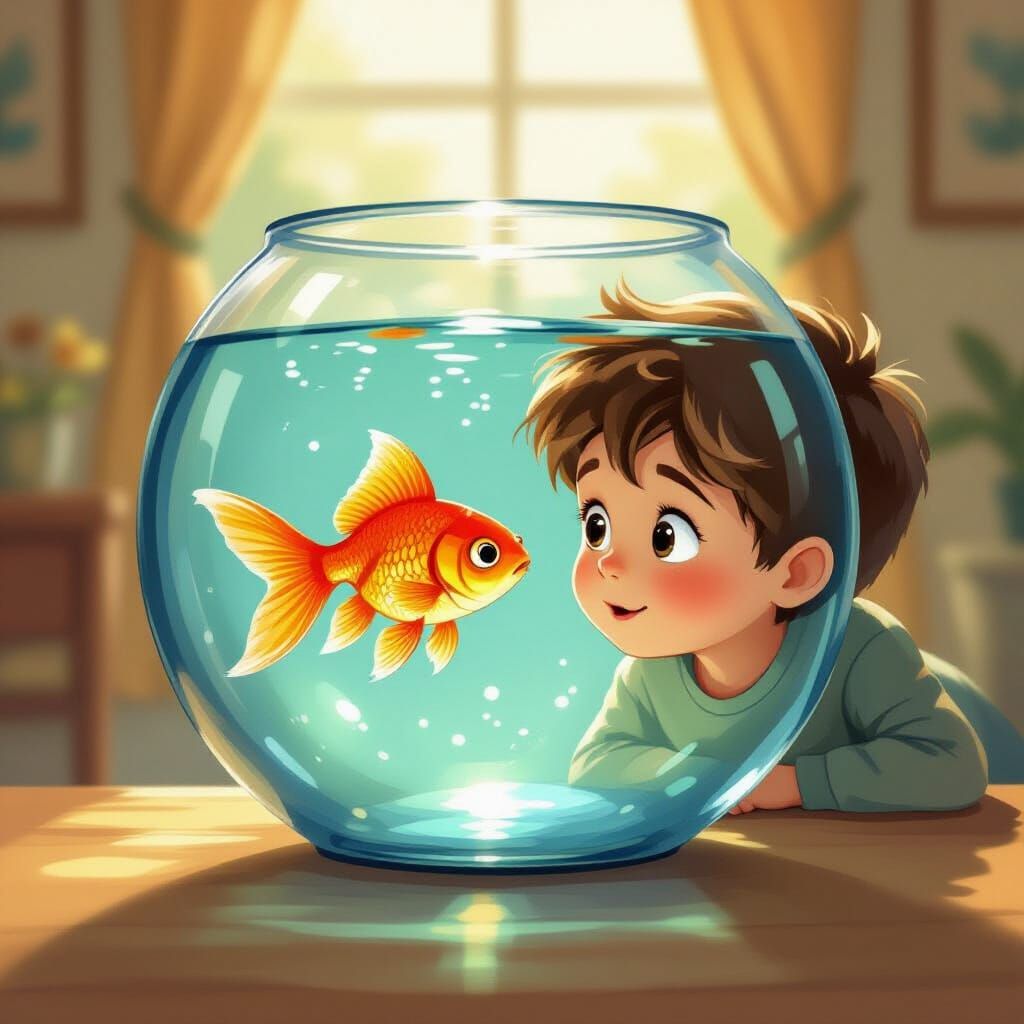 Boy Gazes at Goldfish in Round Fishbowl