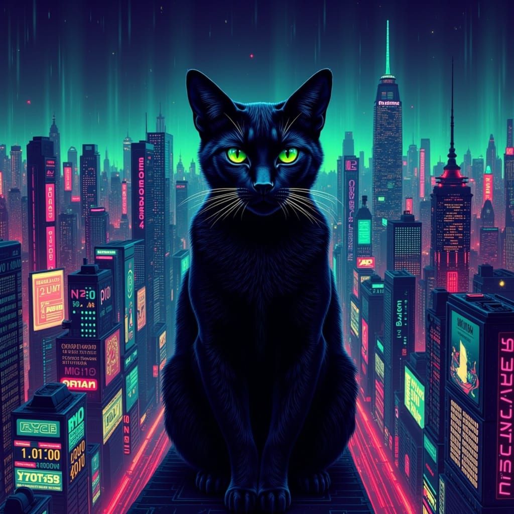 <lora:Binary Code Flux:1.0> Black cat, futuristic, cyberpunk, binary code