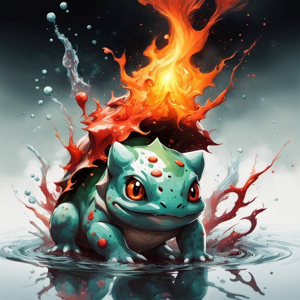 a fire and poisoned type bulbasaur form pokemon floating in water ...