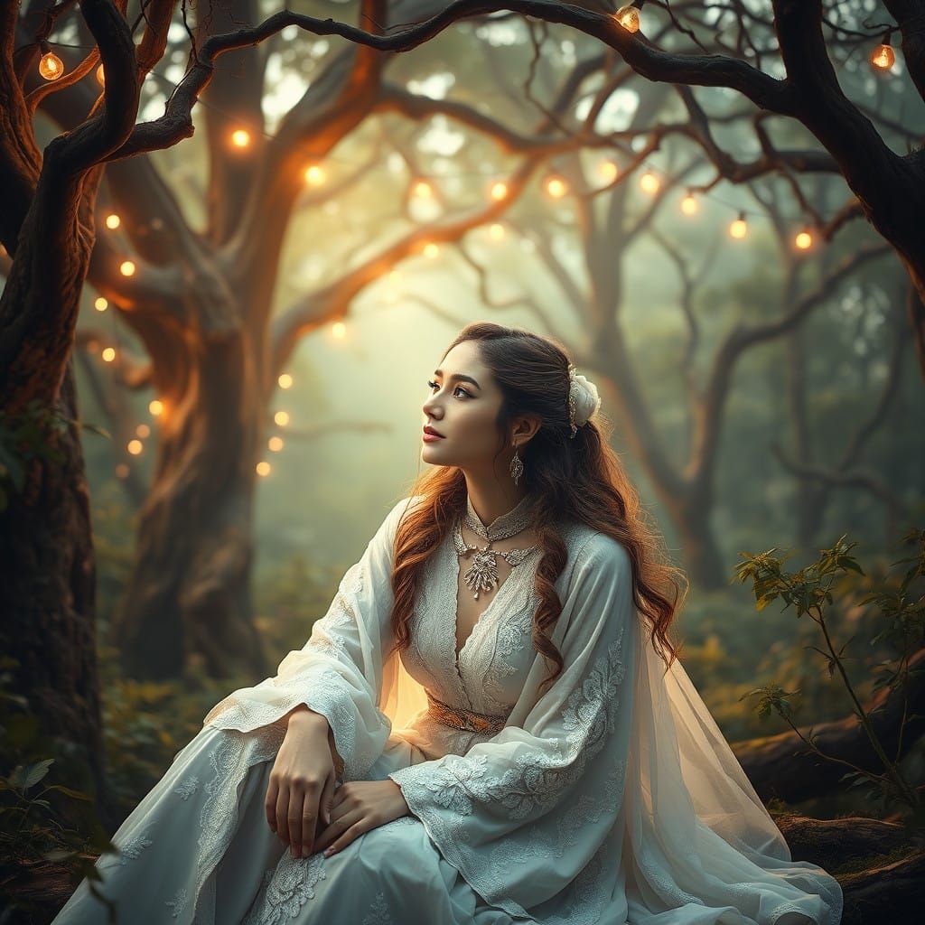 Ethereal Goddess in Whimsical Forest Landscape