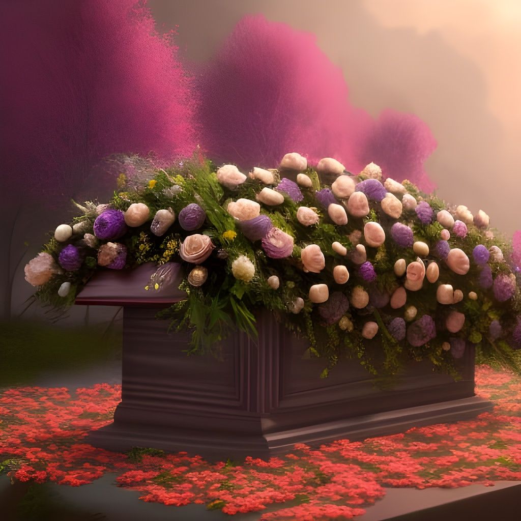Coffin at a funeral, covered in beautiful flowers  by @wizrheads