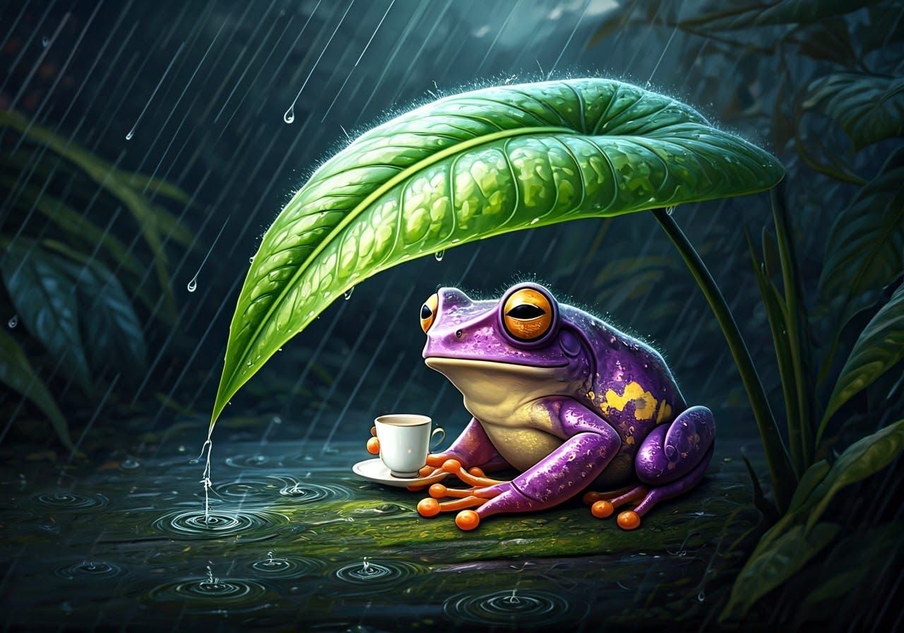"A whimsical and sophisticated purple-yellow frog is fully and safely sheltered beneath a large, lush ...  by @Spearmint