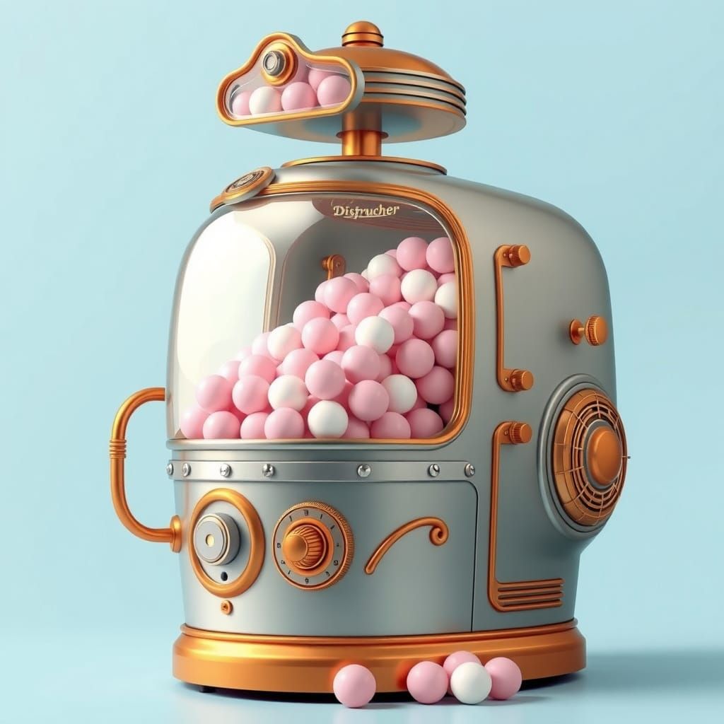 Dispatcher machine of balls of bubblegum, classical, retro, pink Blue background   by @Jose