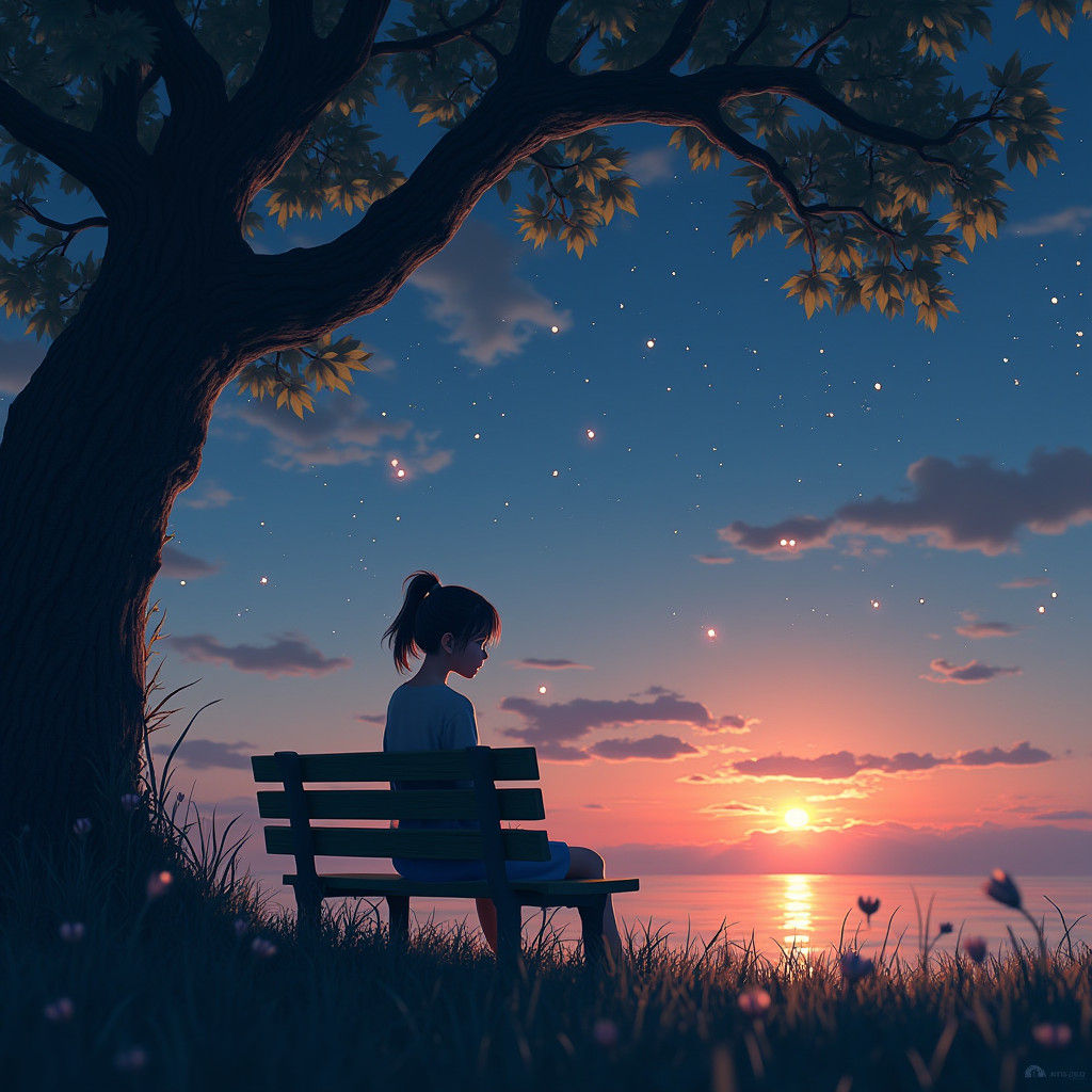Girl Gazing at Fireflies in Summer Night Sky