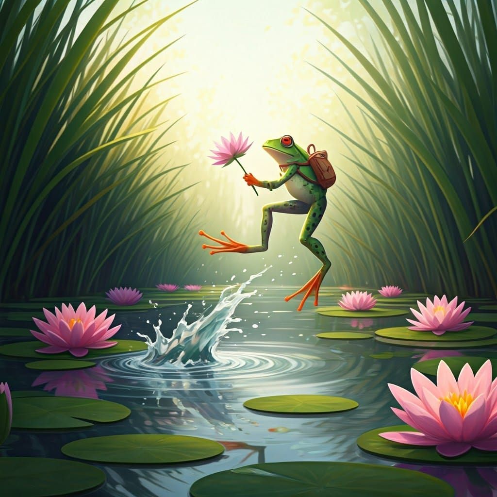 A lively scene of a frog mid-leap across a lily pad-filled pond, splashes, spring time  by @Veronica Knightly