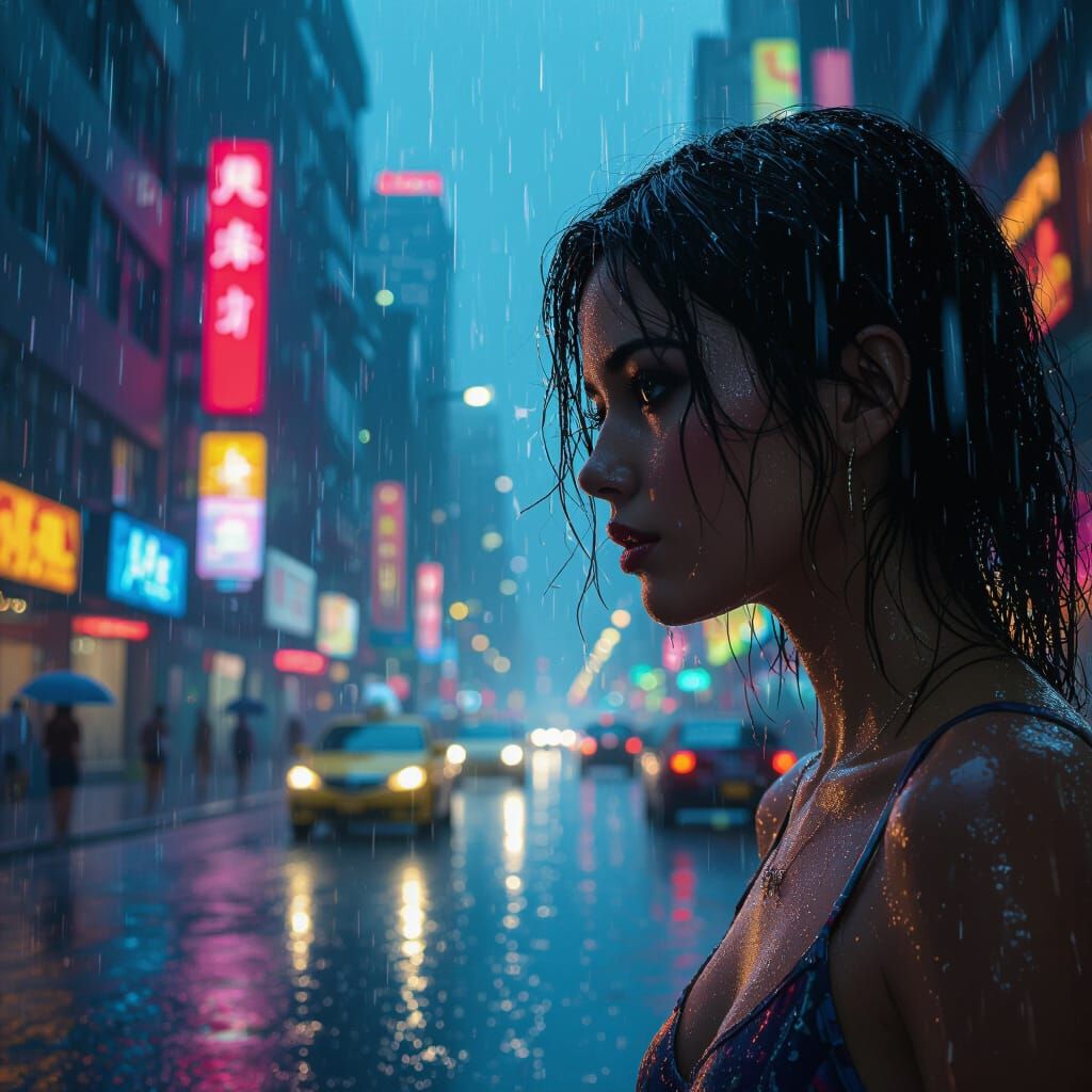 A Thunderstorm with heavy rain strikes the City in the middle of a steamy Summer day. Hyperrealistic, ...  by @caprandom