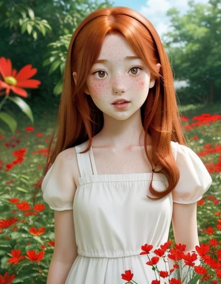 Auburn Haired Girl Picking Flowers, Anime Style