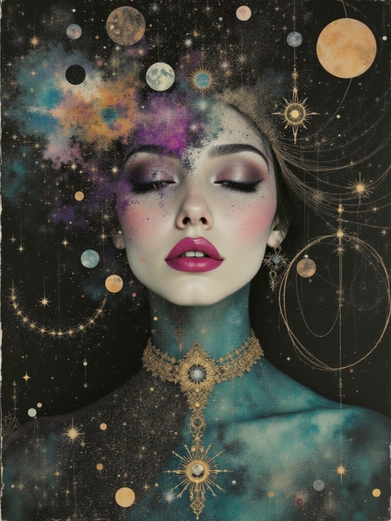 <lora:Umbratic:1.0> "Cosmic Nouveau portrait with face half-obscured by swirling stellar dust, elegant Art Nouveau line patterns forming cel...