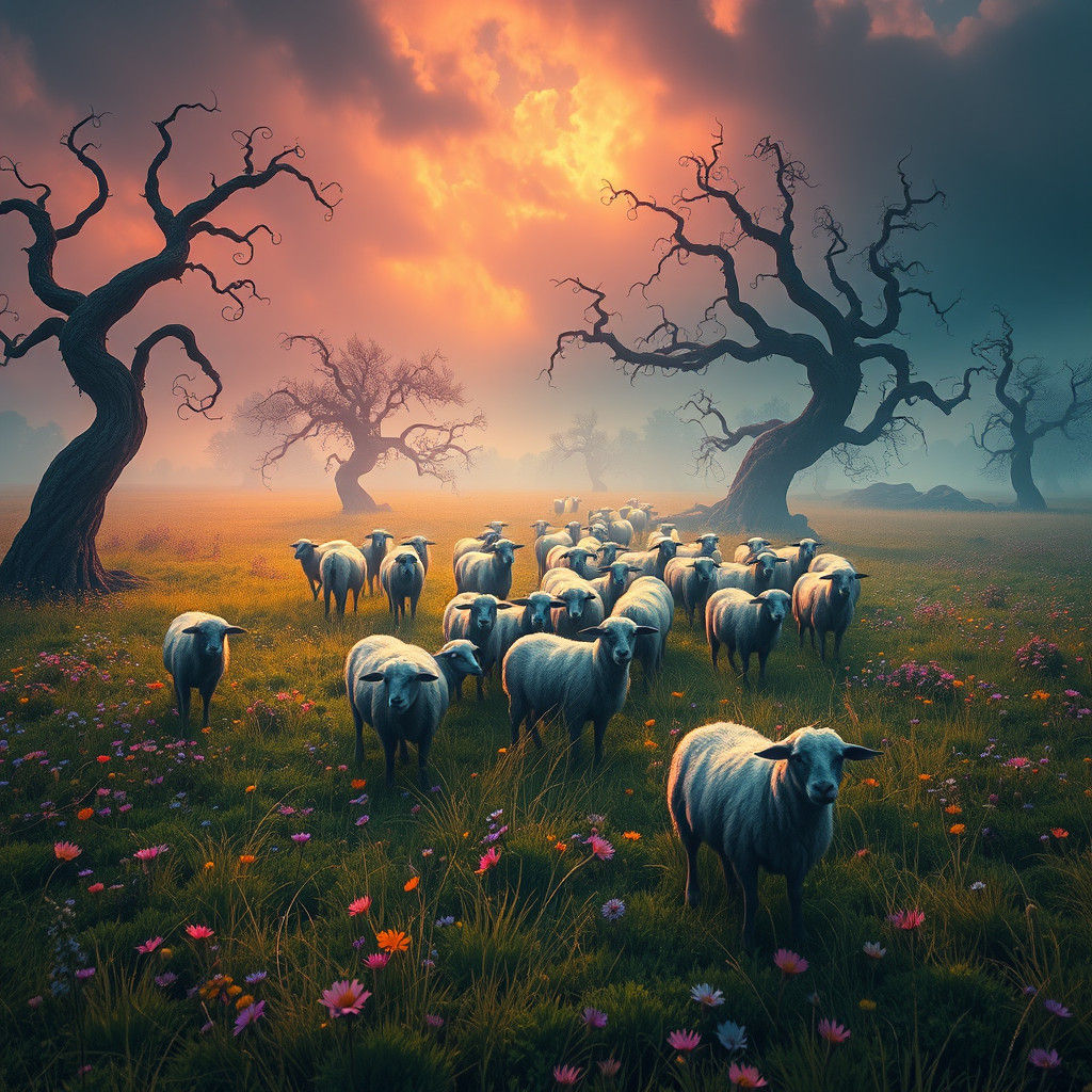 Dreamlike Meadow: Sheep Among Glowing Trees