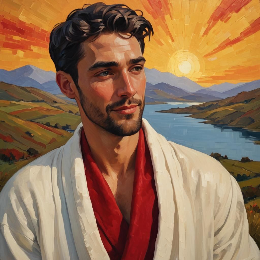 A handsome young Greek  with brown hair and beard
