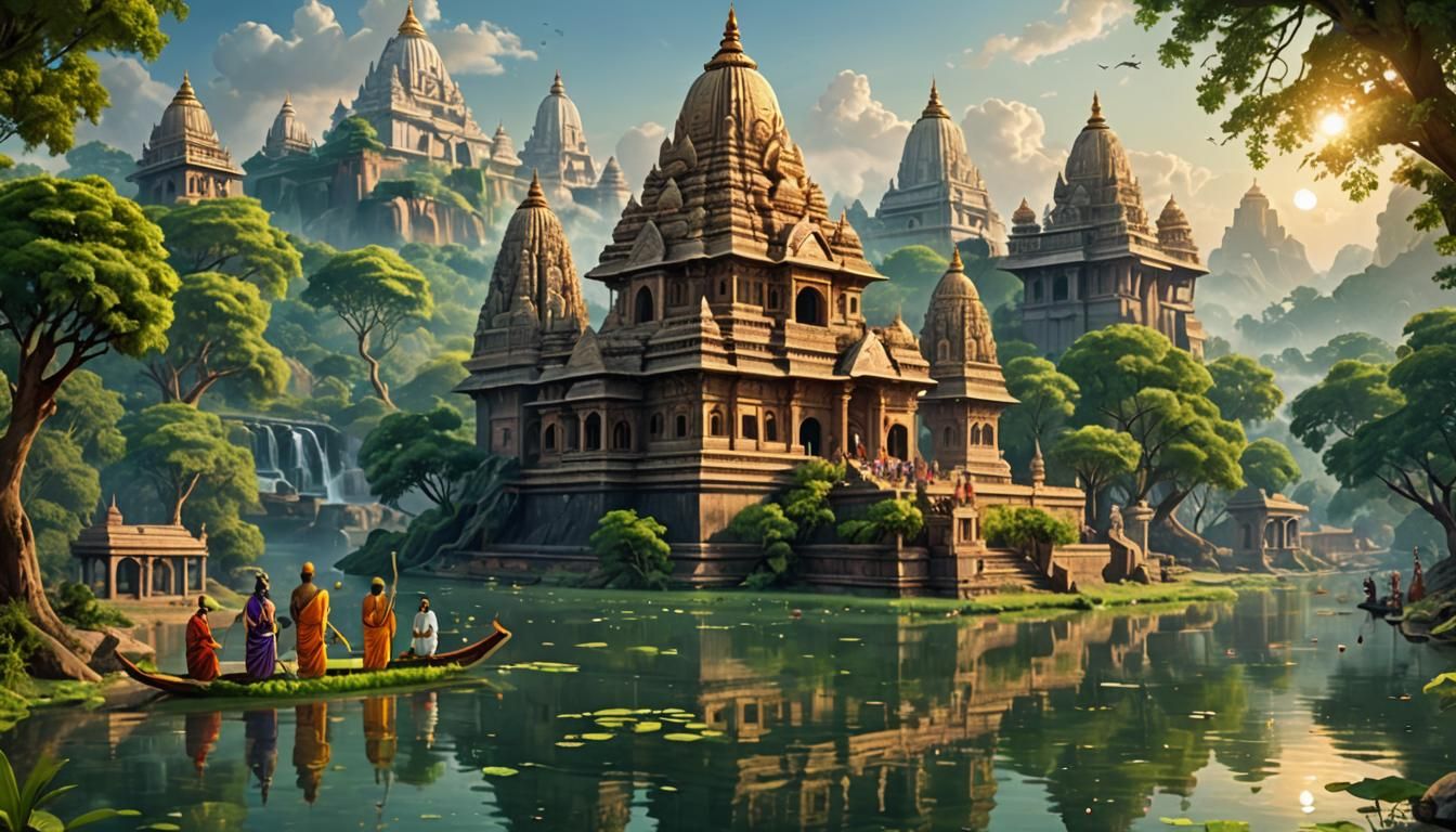 A highly detailed and ultra-realistic scene of ancient India showcasing its miraculous and mystical elements. The scene should include a gra...