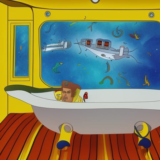 a yellow submarine inside a bathtub in the bathroom 8k resol...