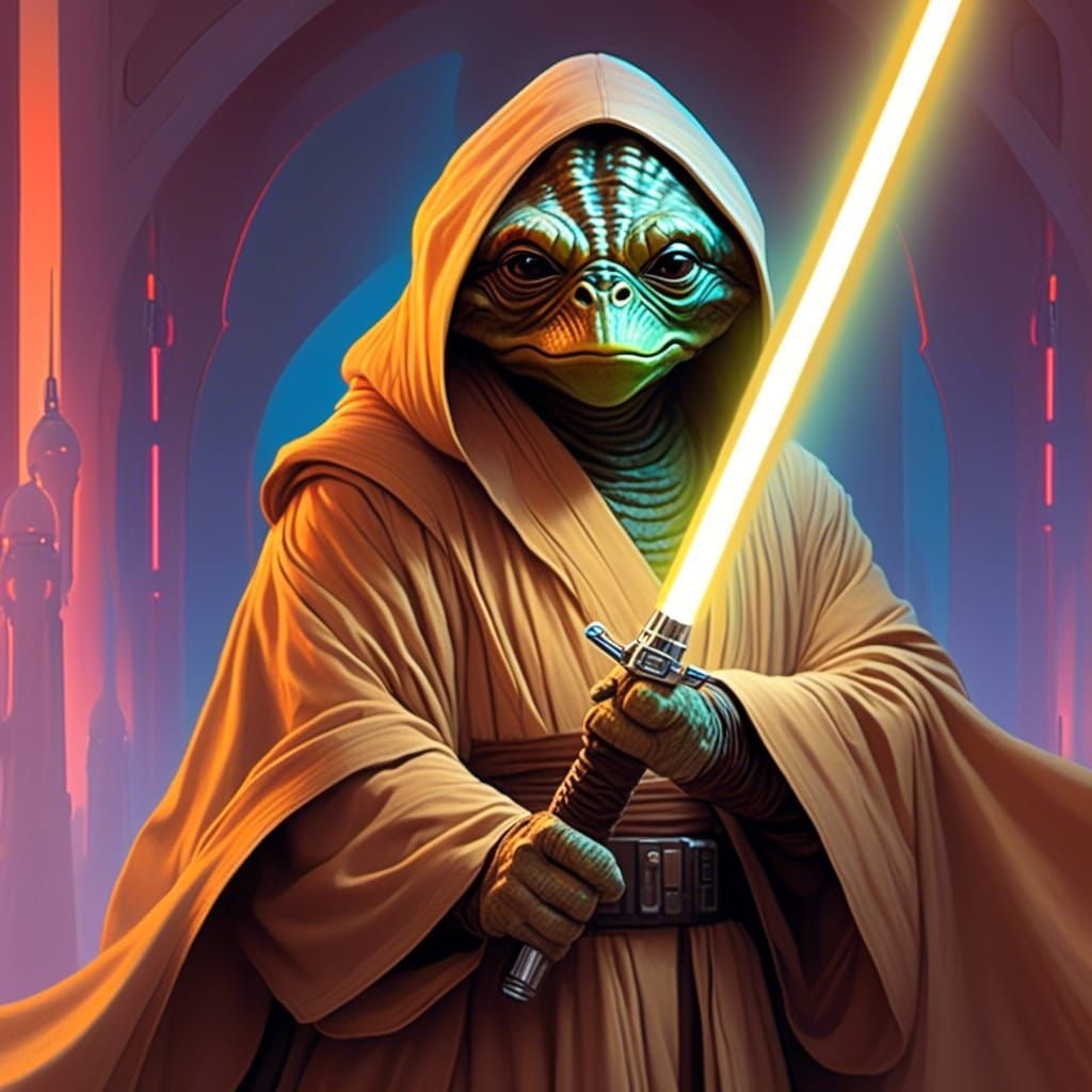  <lora:Surrealisto:1.0> gungan Jedi in a tan robe with a lightsaber