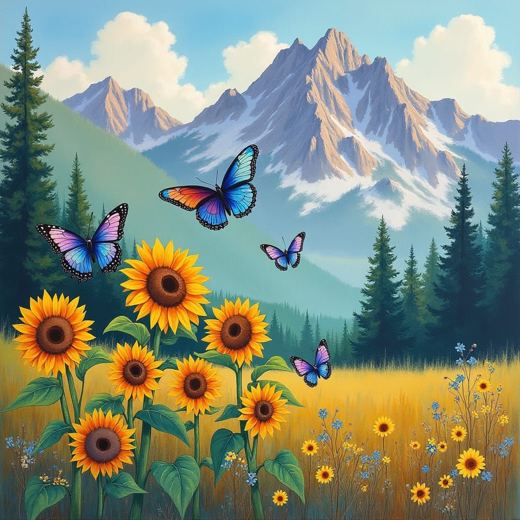 butterflies on sunflowers in watercolour style in a rocky mountain surrounding.