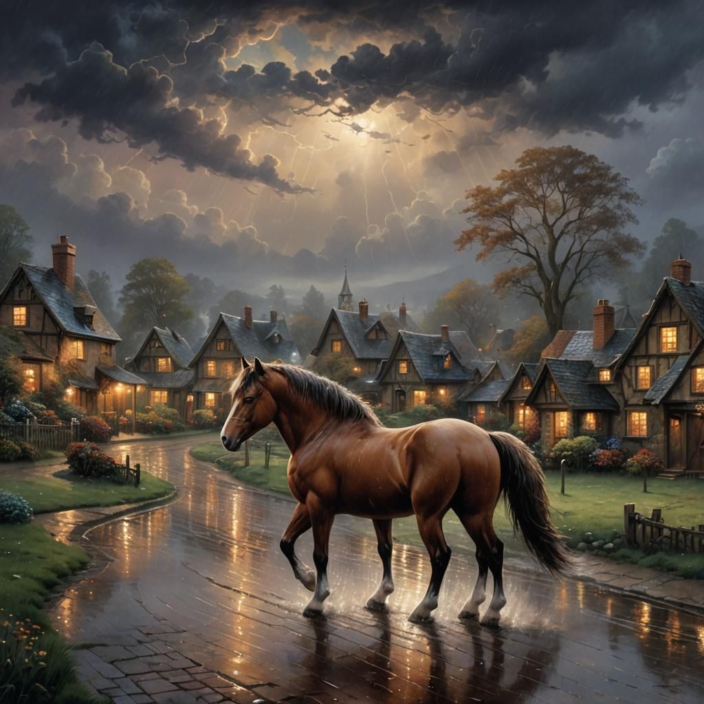 1 brown small pony bare back
 dark rainy village
night
pouri...