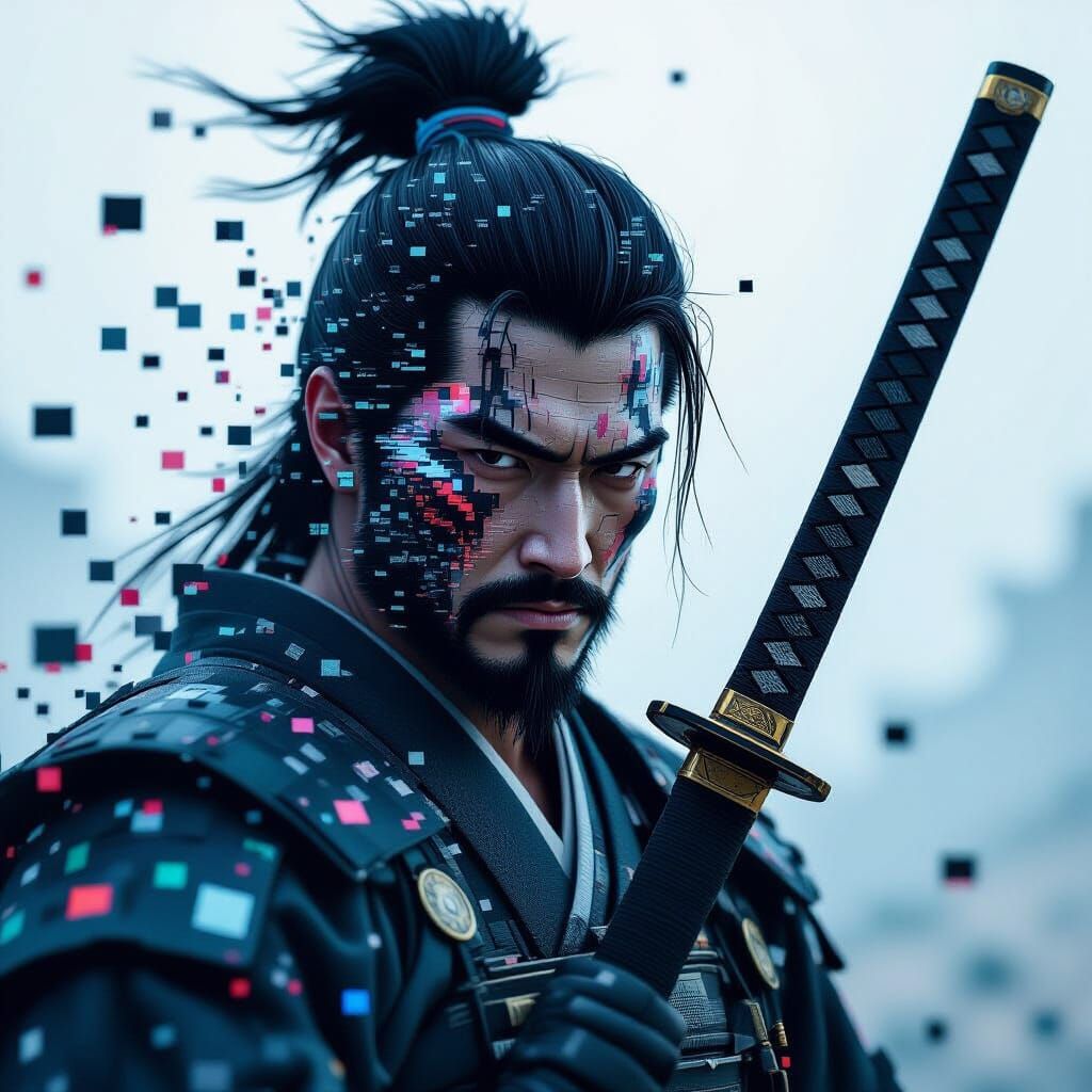 Envision a portrait of a stoic samurai warrior, his face dissolving into a cascade of pixelated noise, ...  by @Tony danis art