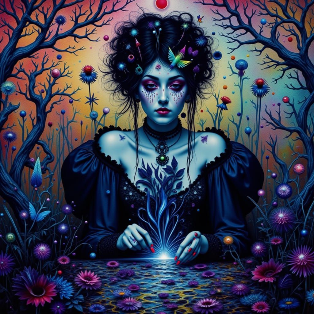 <lora:Wyrd 13:1.0>  A melancholic goth girl with rainbow accents weeps tears of ferrofluid, the tears swirling and merging into intricate pa...