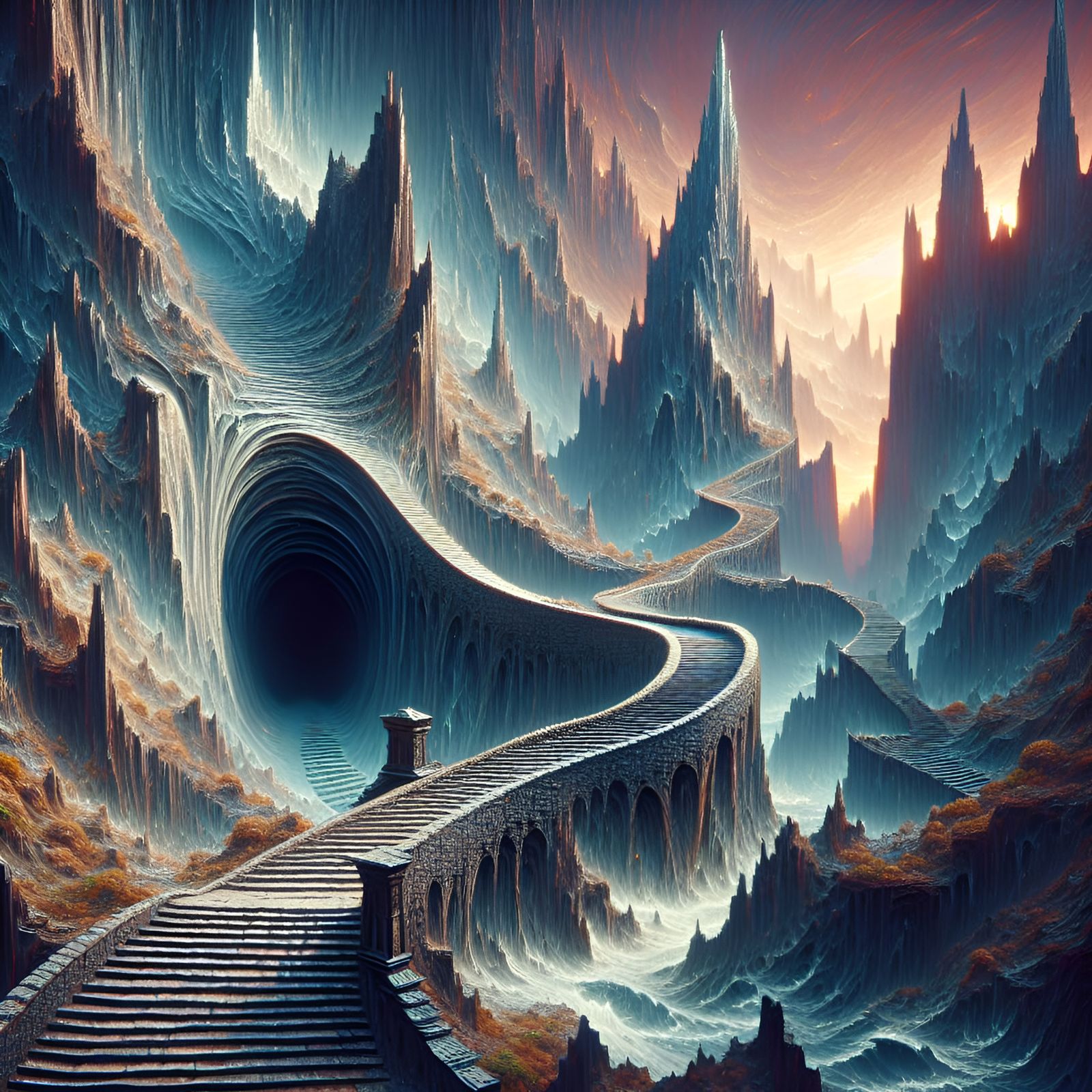 Winding stairway up jagged sharkstooth mountains to a dark m...