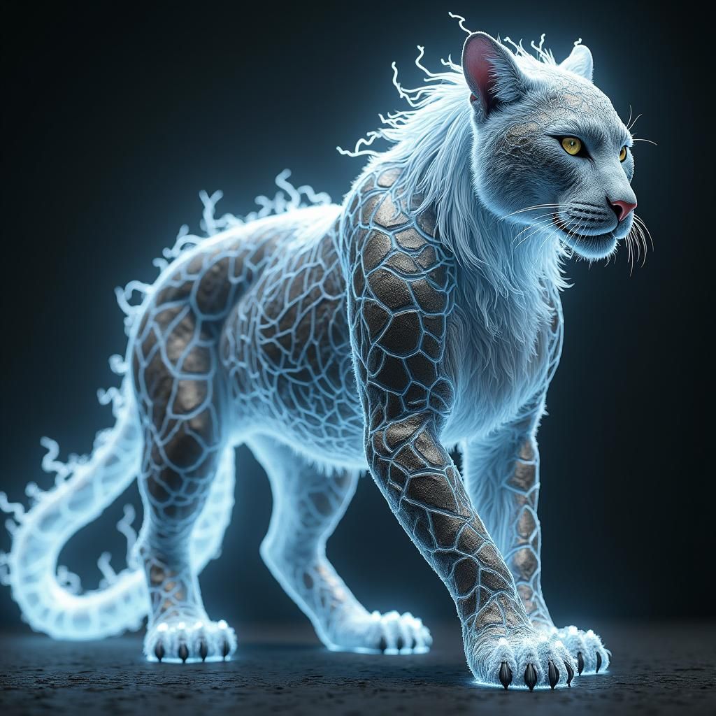Full body, side view, An lightning demonic Panther, silver fur mixed with silver light form, wearing ...  by @James Silvers