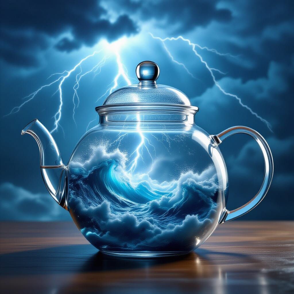 A transparent teapot with a major storm inside - a literal tempest in a teapot   by @Ron Gould