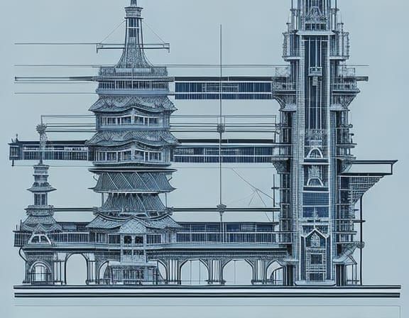 Hyper detailed blueprint of Intricate futuristic solarpunk castle !!! In the style of a scientific Blueprint, ...  by @Fort