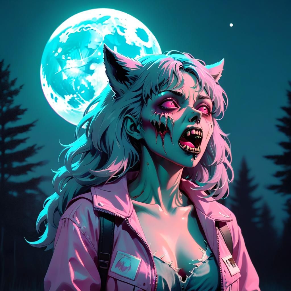 Werewolf Transformation Under Full Moon in Vaporwave Style