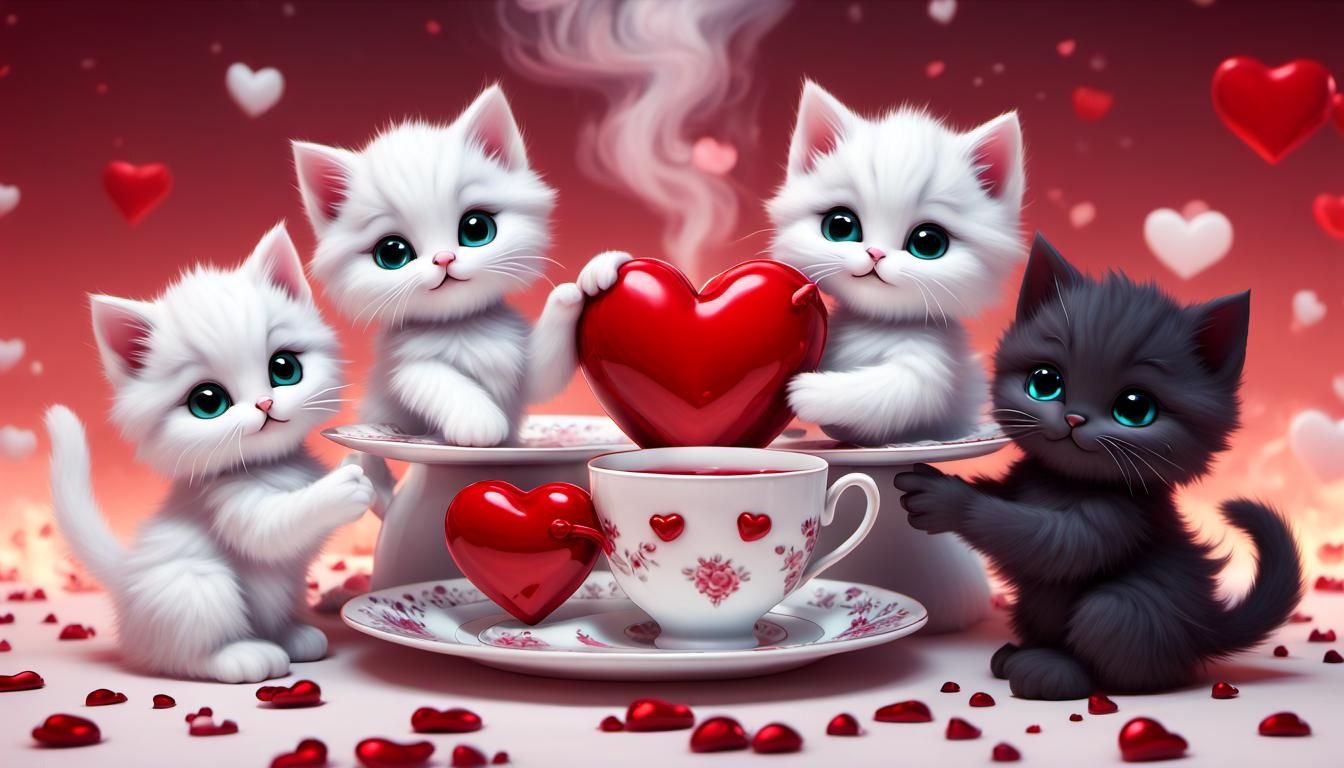 shiny red heart tea party of fluffy white chibi kittens ,bla...