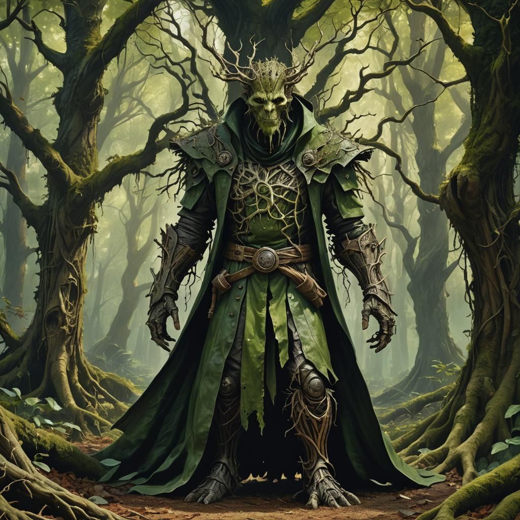 A benevolent faceless fantastical hulking medieval automaton with twisted and gnarled roots and branches for limbs and with a metal face and...