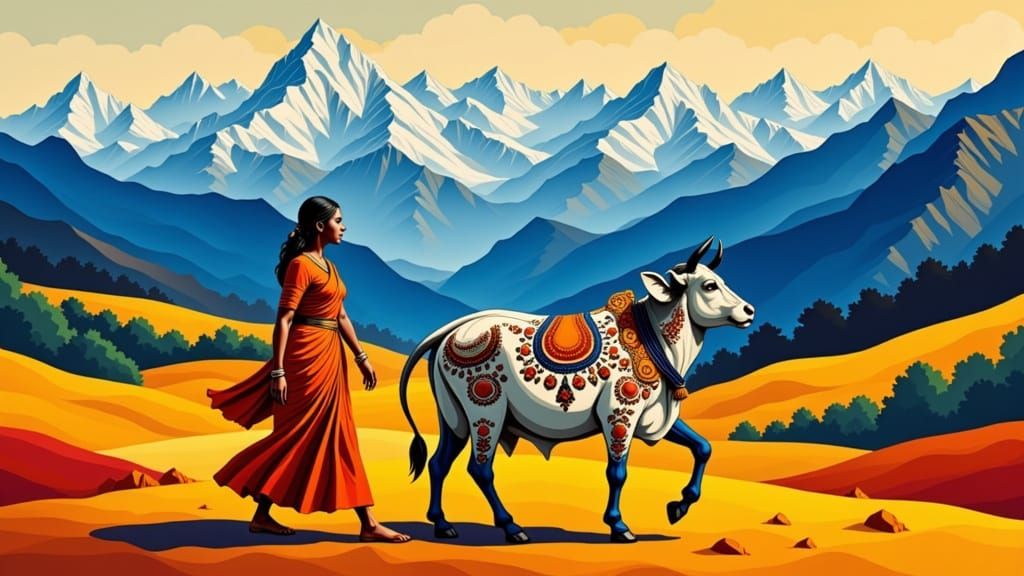 An Indian woman walks an Indian cow in the Himalayas depicted in Mondrian style,<lora:Artistic Landscapes:1.0>