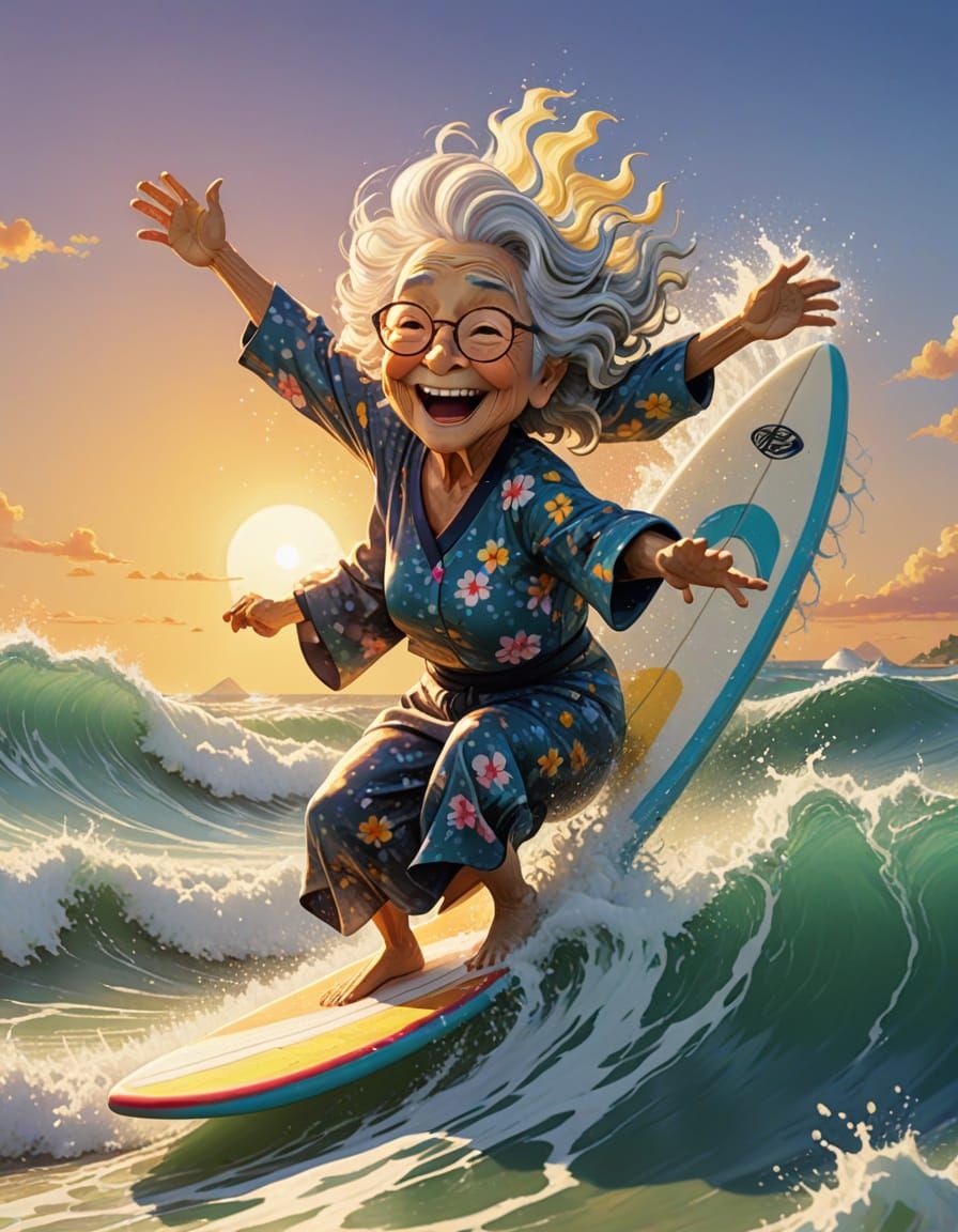 grandma surfing the big waves  by @amazoon