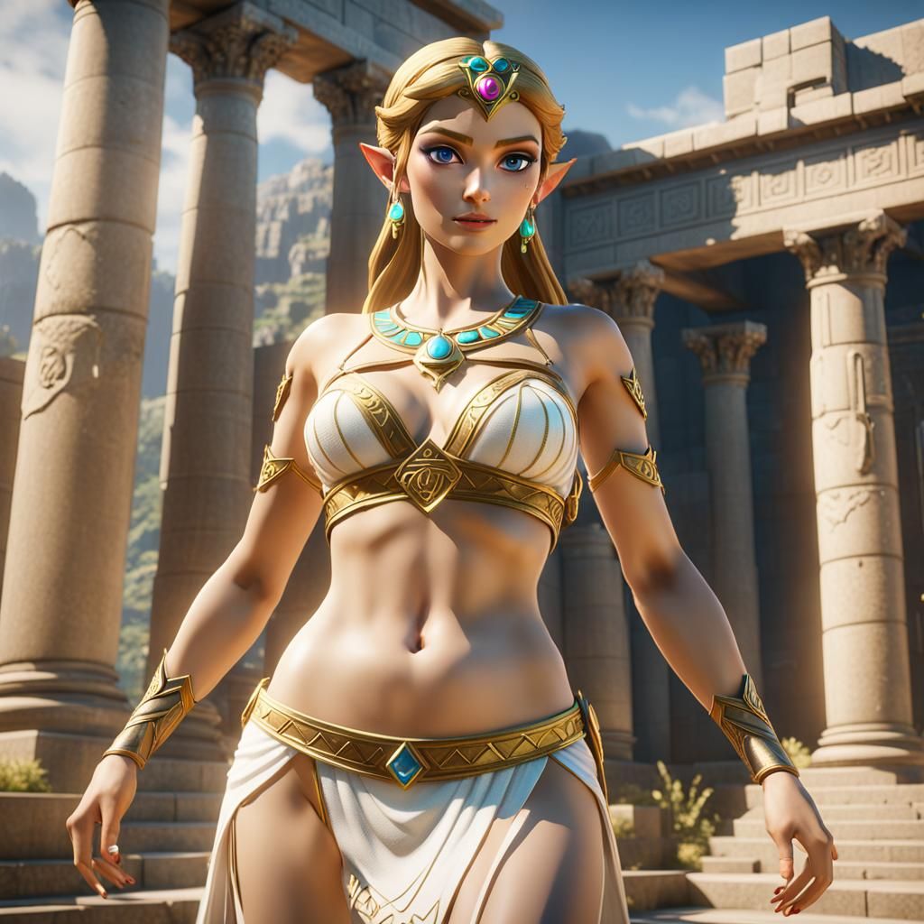 Princess Zelda, skimpy Greek goddess attire, bare midriff