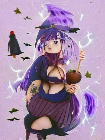 an anime witch girl with purple hair