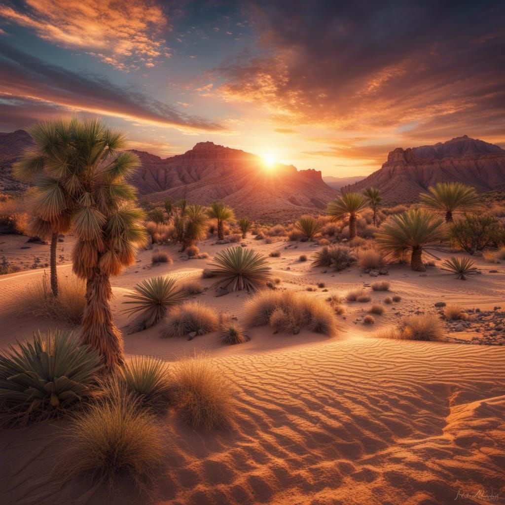 desert oasis with a beautiful sunset intricate details, HDR, beautifully shot, hyperrealistic, sharp ...  by @Patsy 