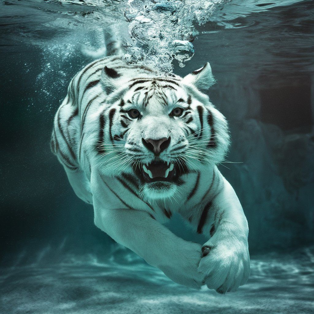 white Tiger, swimming under water