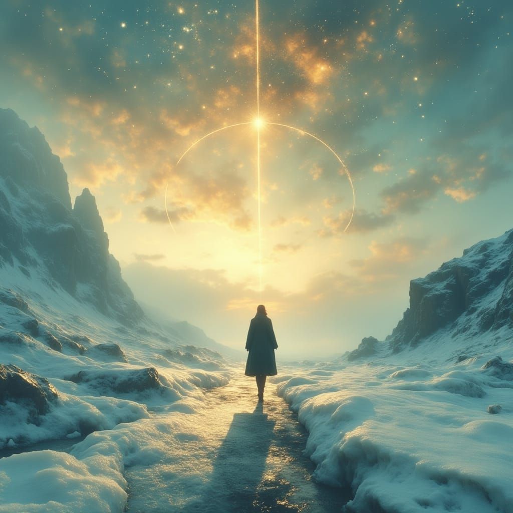 Lone Figure on Icy Dawn Landscape