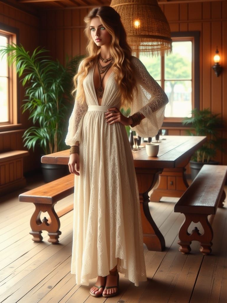 Bohemian Woman in Rustic Retreat, Photorealistic Style