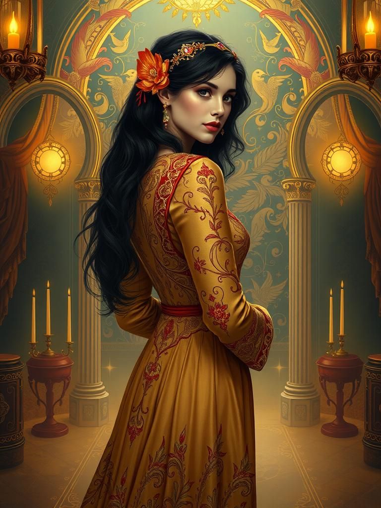 Regal Woman in Byzantine-Inspired Gown Surrounded by Sensual...