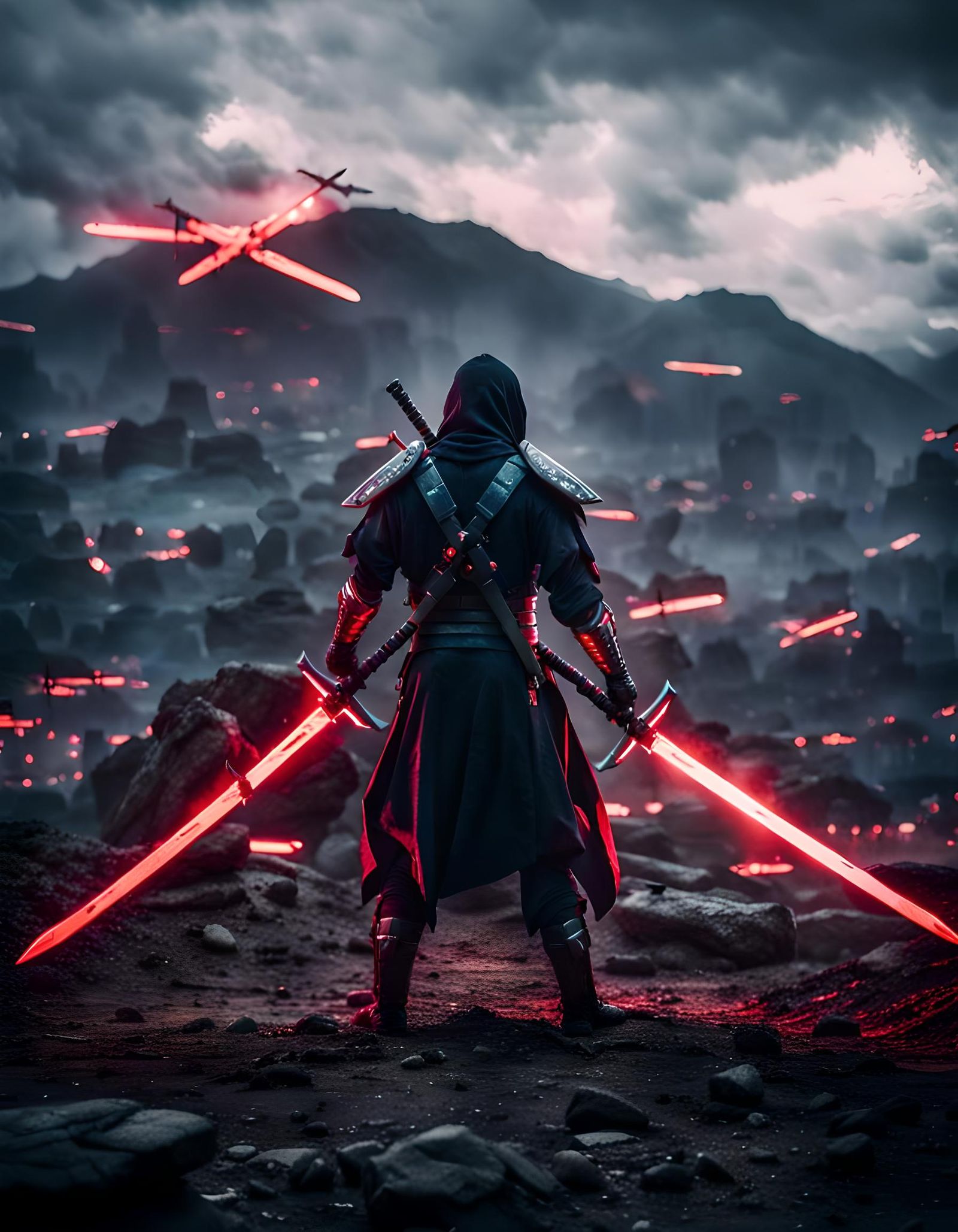 Cyborg Ninja Warrior with Glowing Swords