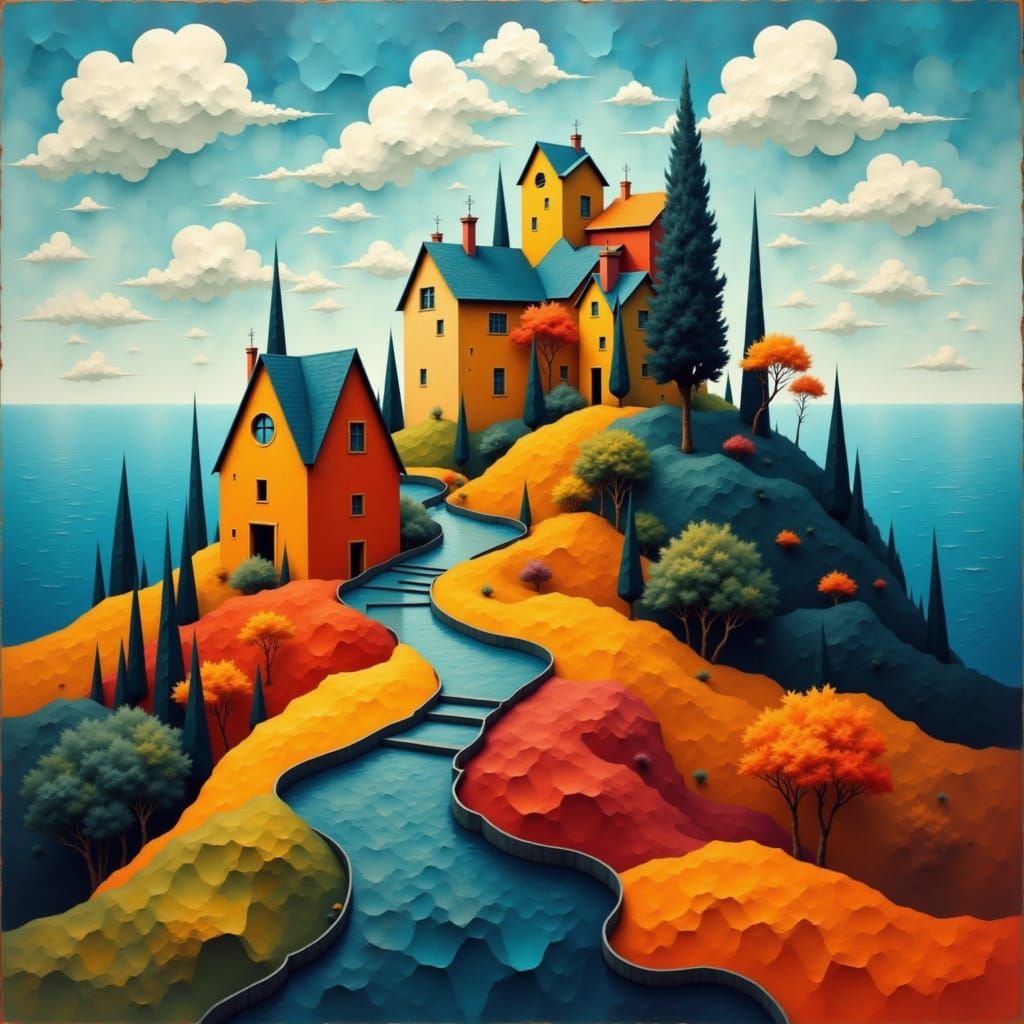 <lora:Seaview:1.0>  houses on hill méditerranéen seaview cubist painting, Neo-Cubism, layered overlapping geometry, art deco painting, Dribb...