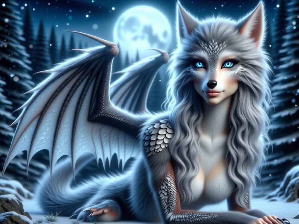 <lora:FiosFemDragons:1.3> Grey Wolf Fem Dragon in the snow